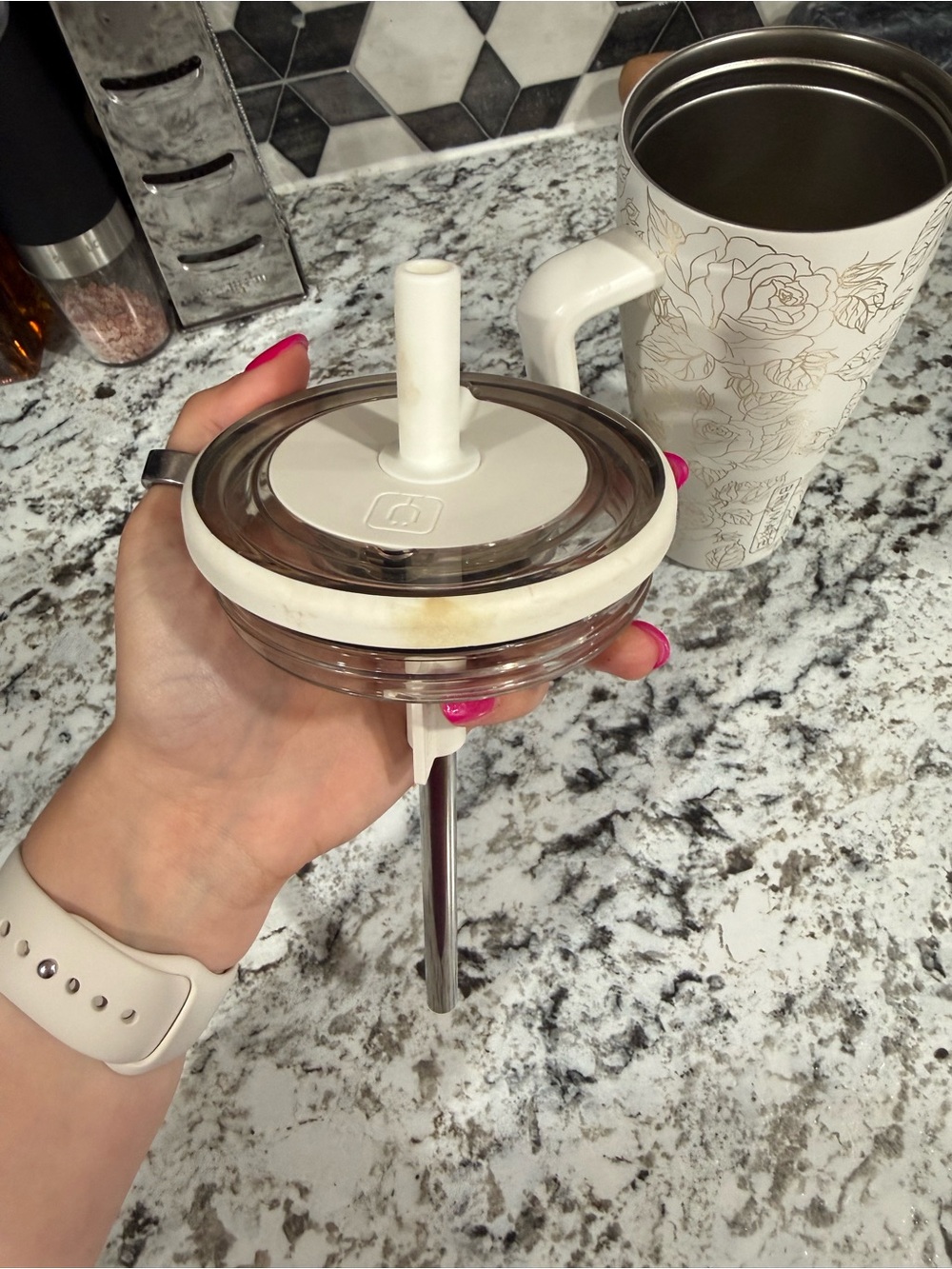 Brumate White Floral Insulated Travel Mug with Handle - Picture 3 of 7